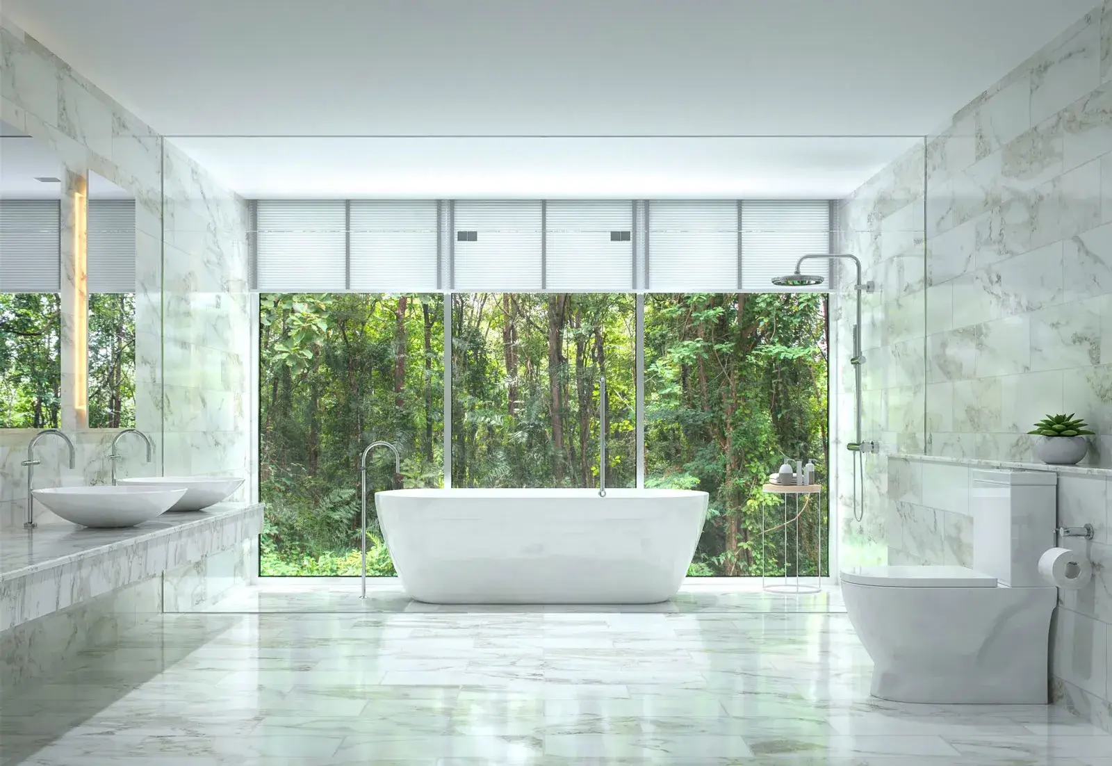 Luxury bathroom with large windows